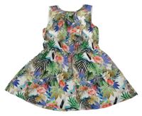 Bílo-barevné lehké šaty s květinami a tukany orchestra 