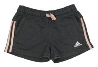 Tmavošedé teplákové kraťasy s růžovými pruhy a logem Adidas