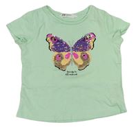 Zelenkavé tričko s motýlem z překlápěcích flitrů H&M