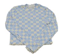 Bílo-světlemodré kostkované květované crop triko zn. H&M