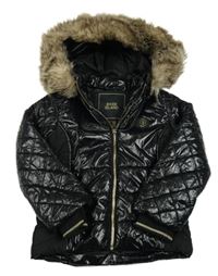 Černá lesklá šusťáková zimní bunda s kapucí s kožešinou River Island