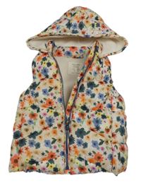 Béžovo-barevná květovaná šusťáková zateplená vesta s kapucí Zara