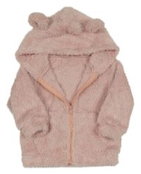 Růžová chlupatá propínací mikina s kapucí s oušky 