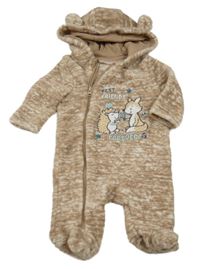 Hnědá melírovaná plyšová kombinéza s liškou a kapucí Orsolino