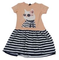 Růžovo-tmavomodro-bílé šaty s kočičkou a pruhovanou sukní 