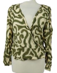 Dámská khaki-smetanová vzorovaná zavinovací crop halenka MNG 