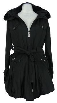 Dámský černý šusťákový jarní kabát s páskem a kapucí Lailishi