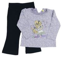 2set- Fialové květované triko s holčičkou + Tmavomodré teplákové kalhoty  Fagottino  
