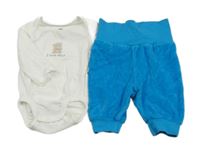 2set- bílé body s medvědem+ modré sametové kalhoty 