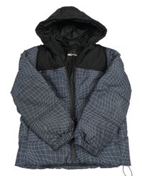 Černo-šedá kostkovaná šusťáková zimní bunda s kapucí zn. Primark