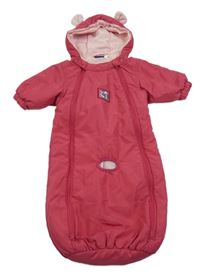 Rubínový šusťákový zimní fusak s tučňáky a kapucí Lupilu