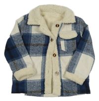 Tmavomodro-bílá kostkovaná flaušová zateplená košilová bunda Shein