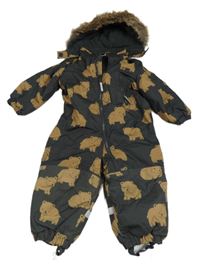 Antracitová šusťáková zimní kombinéza s medvědy a kapucí s kožešinou H&M