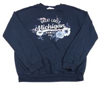 Tmavomodrá mikina s nápisem a kytičkami H&M