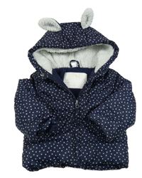 Tmavomodrá šusťáková zateplená bunda s hvězdami a kapucí 