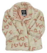 Bílo-růžová kožešinová podšitá bunda s nápisy C&A