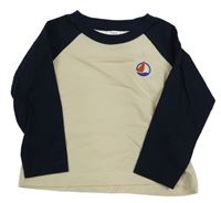 Tmavomodro-béžové triko s potiskem