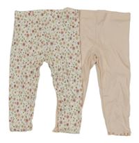 2x legíny - Světlerůžové žebrované + bílé květované legíny F&F