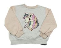 Šedo-broskvová oversize mikina s jednorožcem z flitrů 