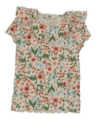 Bílo-kytičkované žebrované tričko s volánky C&A