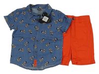 Nové - 2set - Modrá košile s Mickeym + červené plátěné kraťasy Primark