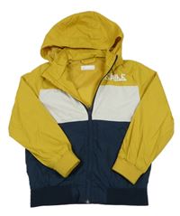 Tmavomodro-žluto-bílá šusťáková jarní bunda s kapucí H&M