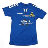 Kobaltově modrý fotbalový dres s nápisy Hummel 