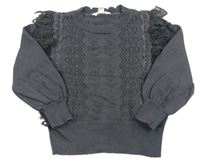 Tmavošedý perforovaný svetr s krajkovými volánky RIVER ISLAND
