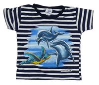 Tmavomodro-bílé pruhované tričko s delfínky a želvičkou