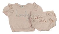 2Set - Světlerůžové vzorované pletené tričko s nápisem a volánky + kalhotky na plenky RIVER ISLAND