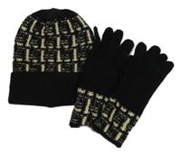 2Set - Černo-zlato-smetanová čepice + prstové rukavice Bonmarche