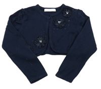 Tmavomodré propínací svetrové bolérko s květy a kamínky American Princess