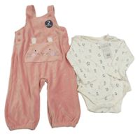 Nové - 2Set - Růžové žebrované sametové laclové kalhoty se zajíčkem/kapsou + bílé body Peacocks