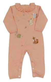 Nové - broskvový úpletový overal overal se zvířátky a volánkem Nutmeg