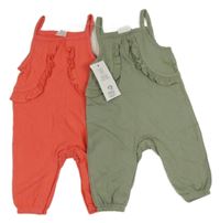 Nové - 2x - Mačkaný kalhotový overal s volánky - Jahodový, khaki F&F