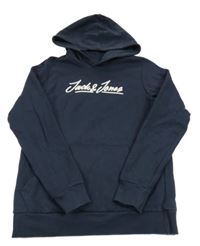 Tmavomodrá mikina s logem a kapsou a kapucí JACK&JONES