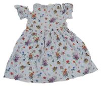 Bílo-modré pruhované plátěné šaty s kytičkami a volnými rameny H&M