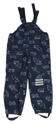 Tmavomodré šusťákové laclové podšité kalhoty se stavebními stroji Topolino