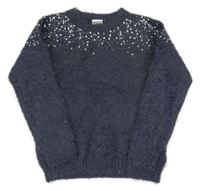 Tmavomodrý chlupatý svetr s flitry POCOPIANO