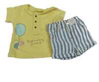 Nové - 2Set - Modro-bílé pruhované riflové kraťasy + žluté tričko s Prasátkem M&S