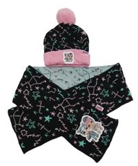 2set - Černá vzorovaná pletená čepice s L.O.L. Surprise a bambulí + šála Primark