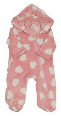 Růžová chlupatá kombinéza se srdíčky a kapucí Shein