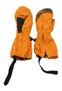 Oranžovo-černé šusťákové zimní palcové rukavice se vzorem