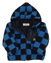 Modro-černá kostkovaná huňatá podšitá propínací mikina s kapucí H&M
