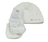 3set - Bílá žebrovaná čepice s želvou + 2x rukavičky