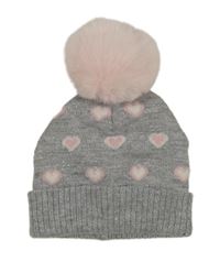 Šedo-růžová pletená čepice se srdíčky a bambulí 