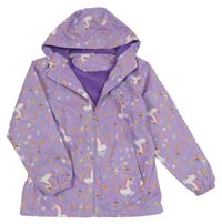 Fialová šusťáková jarní bunda s jednorožci a kapucí