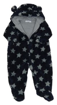 Tmavomodrá chlupatá podšitá kombinéza s hvězdami a kapucí 