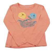 Lososové triko s květy a nápisem Orchestra 