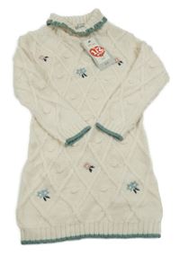 Nové - Smetanovo-zelené svetrové šaty s květy a rolákem Tu